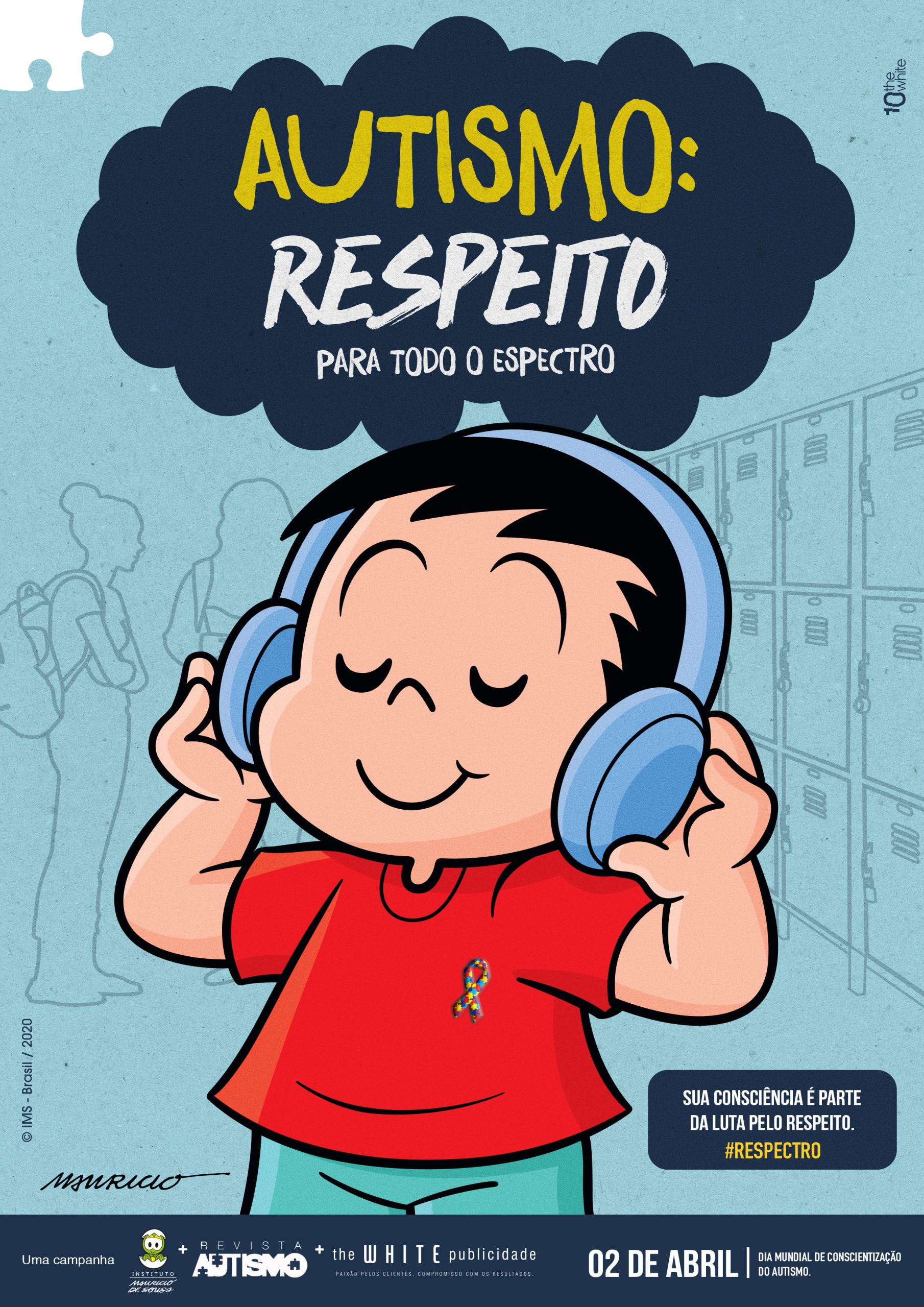 André, da Turma da Mônica, no cartaz da campanha nacional para o Dia Mundial de Conscientização do Autismo 2020 - Autismo: Respeito para todo o espectro - #RESPECTRO