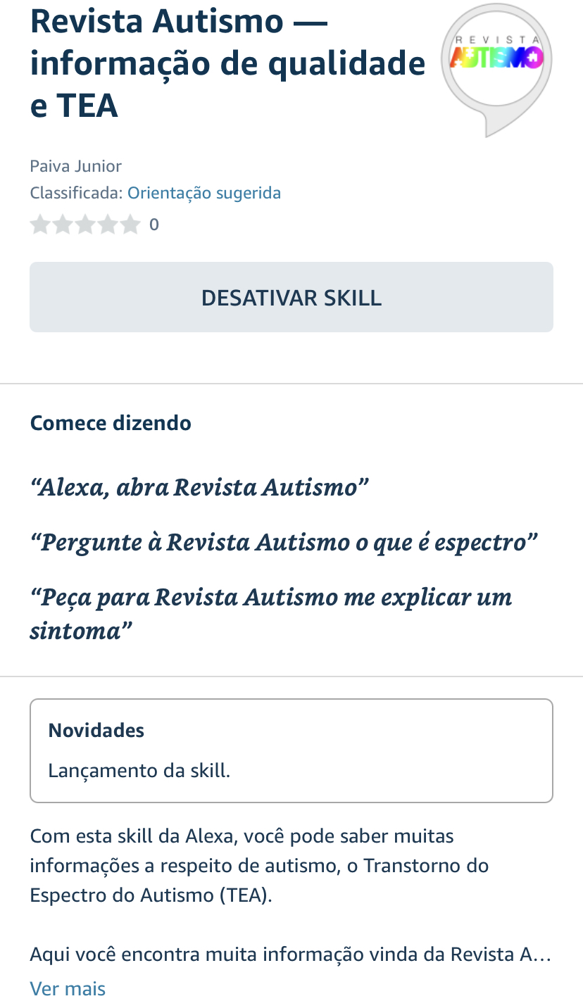 Tela da skill da Revista Autismo na Alexa.