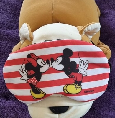Cachorrinho de pelúcia, com um tapa olhos que traz o desenho do Mickey e Minnie, sobre um cobertor roxo.