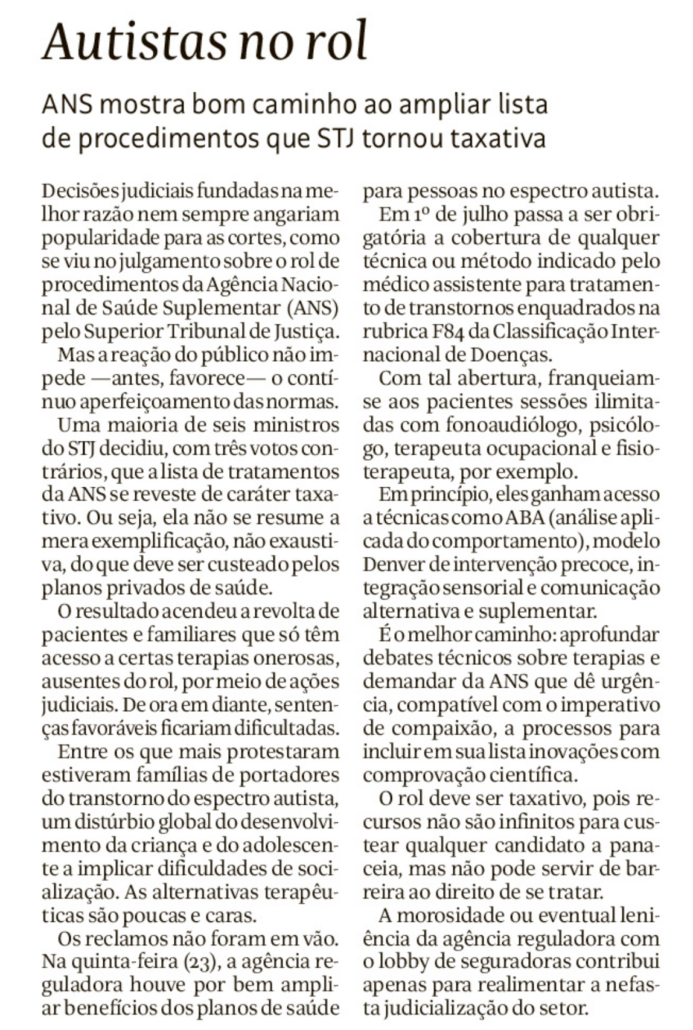 Editorial da Folha de S.Paulo de 24.jun.2022, sobre rol da ANS e autismo - Canal Autismo / Revista Autismo